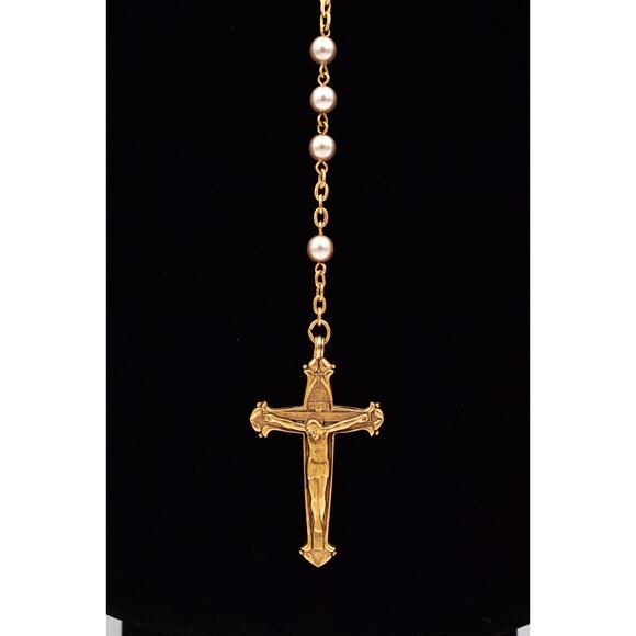 Vintage Vatican Library Collection Pearl Rosary Cross Necklace Gold Signed BinBQ - Picture 2 of 12